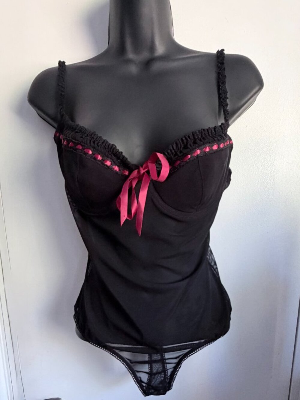 Vtg 90s Frederick's of Hollywood 34B Teddy Bodysuit Black Sheer Mesh Macau EUC